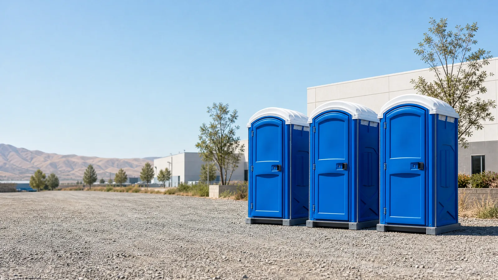Clean portable restroom units prepared for rental planning in Fontana